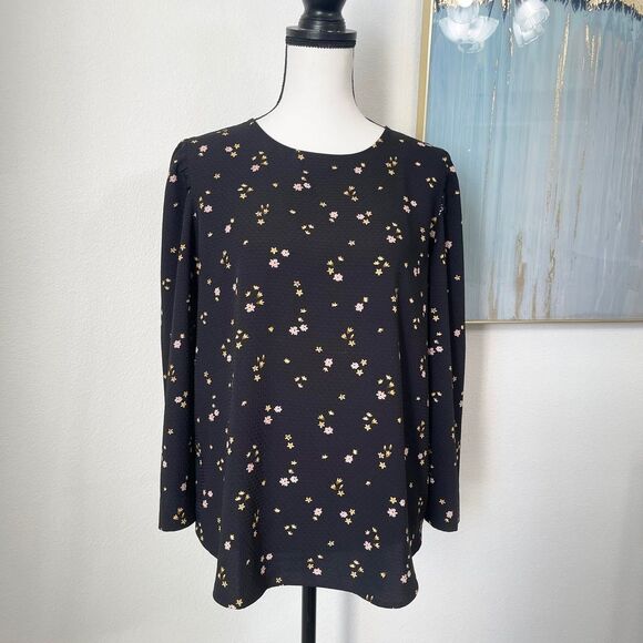 LOFT Black Mini Flower Long Sleeve Blouse Size M - Picture 1 of 7